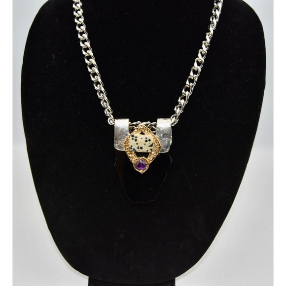 J Jansen Brutalist Onyx Gold & Silver Plated Austrian Crystal Statement Necklace - Picture 4 of 6